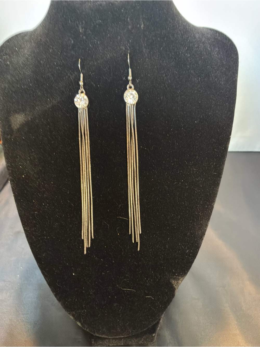 Silver inspired  Long Tassel Drop Earrings with Crystal Accent